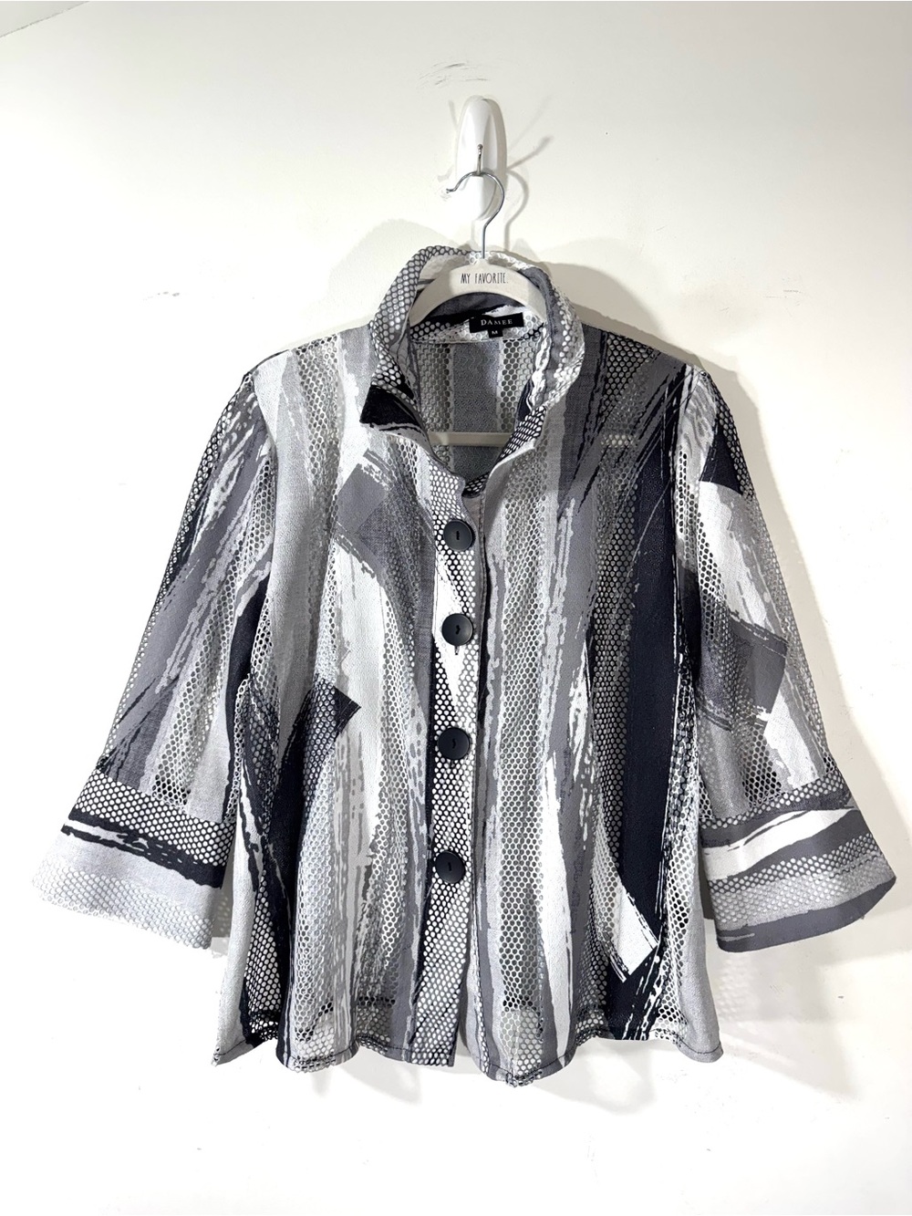 DAMEE Button Jacket Sz Medium Sheer mesh Artsy 3/4 bell sleeve mixed media